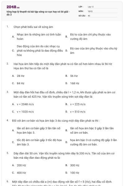 tổng hợp lý thuyết và bài tập sóng cơ cực hay có lời giải - đề 3