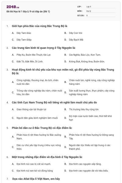 Đề thi Học kì 1 Địa Lí 9 có đáp án (Đề 1)