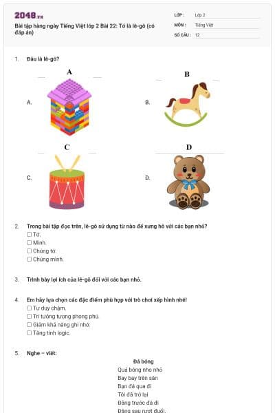 Bài tập hàng ngày Tiếng Việt lớp 2 Bài 22: Tớ là lê-gô (có đáp án)