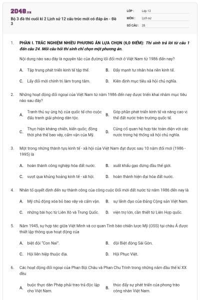 Bộ 3 đề thi cuối kì 2 Lịch sử 12 cấu trúc mới có đáp án - Đề 3