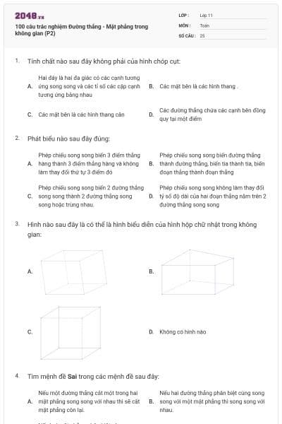 100 câu trắc nghiệm Đường thẳng - Mặt phẳng trong không gian (P2)