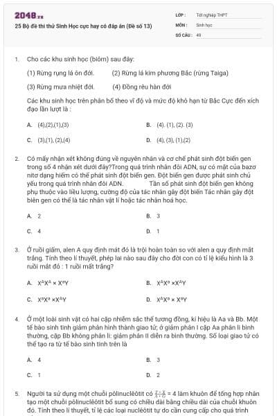 25 Bộ đề thi thử Sinh Học cực hay có đáp án (Đề số 13)
