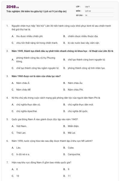 Trắc nghiệm: Đề kiểm tra giữa kỳ I Lịch sử 9 (có đáp án)