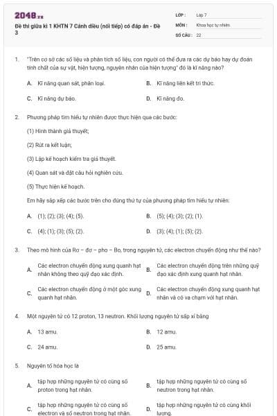 Đề thi giữa kì 1 KHTN 7 Cánh diều (nối tiếp) có đáp án - Đề 3