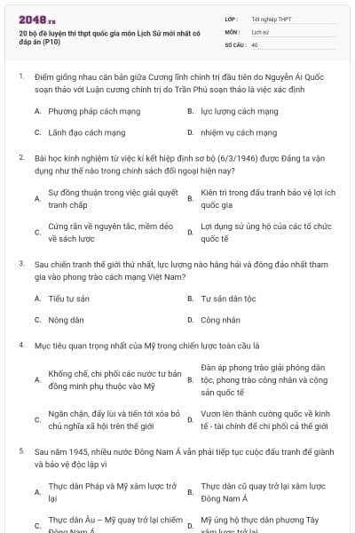 20 bộ đề luyện thi thpt quốc gia môn Lịch Sử mới nhất có đáp án (P10)