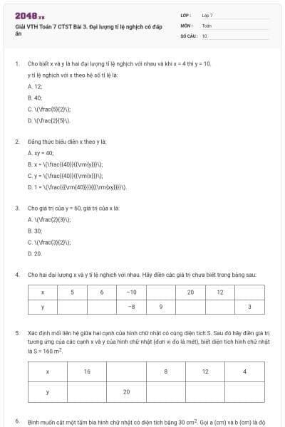 Giải VTH Toán 7 CTST Bài 3. Đại lượng tỉ lệ nghịch có đáp án