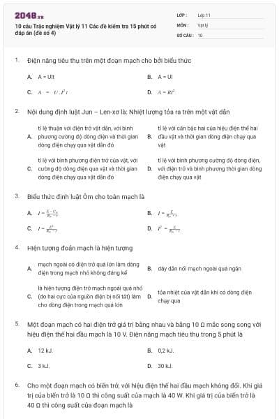 10 câu Trắc nghiệm Vật lý 11 Các đề kiểm tra 15 phút có đáp án (đề số 4)