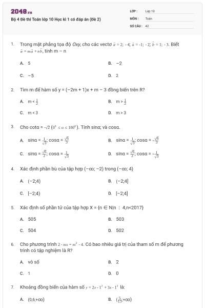Bộ 4 Đề thi Toán lớp 10 Học kì 1 có đáp án (Đề 2)