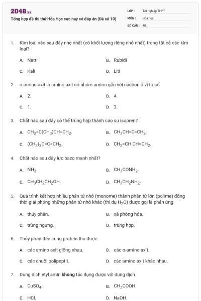 Tổng hợp đề thi thử Hóa Học cực hay có đáp án (Đề số 10)