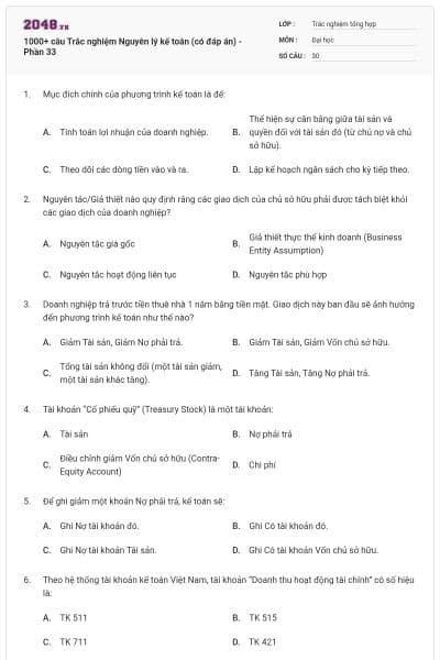 1000+ câu Trắc nghiệm Nguyên lý kế toán (có đáp án) - Phần 33