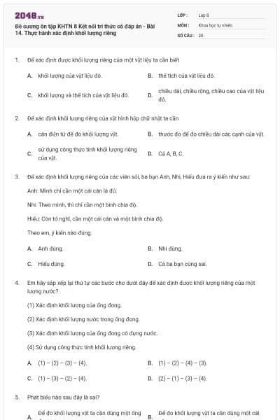Đề cương ôn tập KHTN 8 Kết nối tri thức có đáp án - Bài 14. Thực hành xác định khối lượng riêng