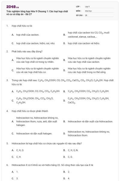 Trắc nghiệm tổng hợp Hóa 9 Chương 1: Các loại hợp chất vô cơ có đáp án - Đề 27