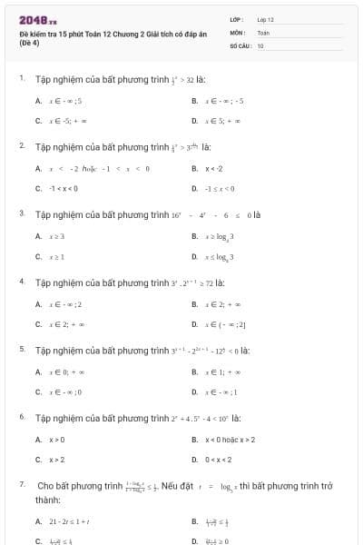 Đề kiểm tra 15 phút Toán 12 Chương 2 Giải tích có đáp án (Đề 4)