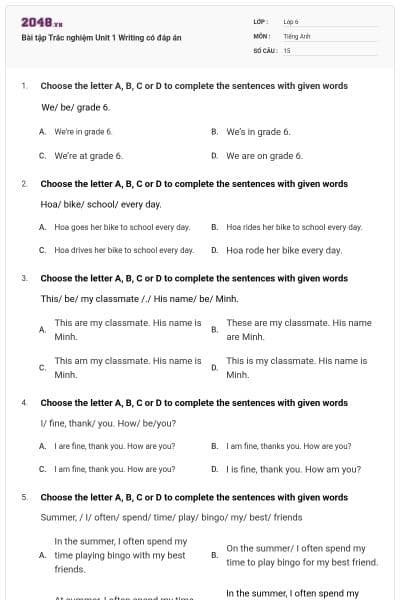 Bài tập Trắc nghiệm Unit 1 Writing có đáp án