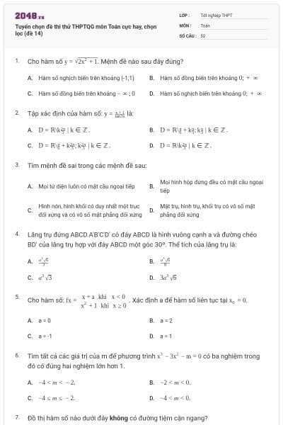 Tuyển chọn đề thi thử THPTQG môn Toán cực hay, chọn lọc (đề 14)