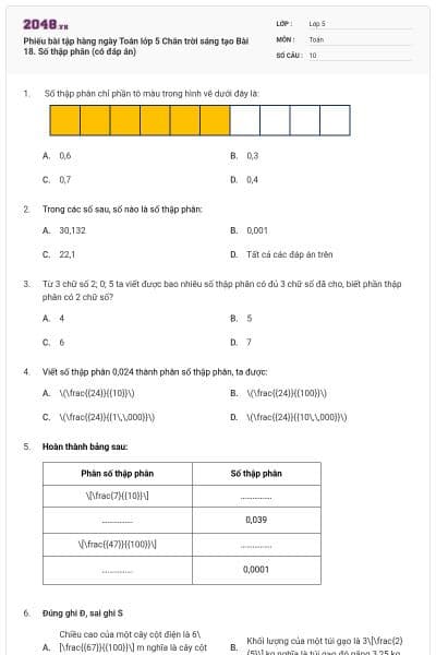 Phiếu bài tập hàng ngày Toán lớp 5 Chân trời sáng tạo Bài 18. Số thập phân (có đáp án)