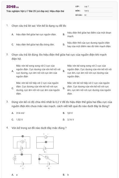 Trắc nghiệm Vật Lí 7 Bài 25 (có đáp án): Hiệu điện thế