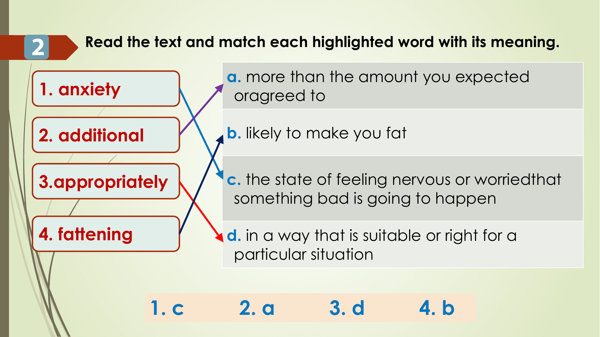 Read the text and match each highlighted word with its meaning.
2
 a. more than the amount you expected
1. anxiety oragreed to

2. additional b. likely to make you fat

3.appropriately c. the state of feeling nervous or worriedthat
 something bad is going to happen

4. fattening d. in a way that is suitable or right for a
 particular situation

 1. c 2. a 3. d 4. b
