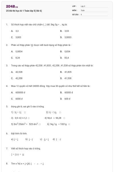 25 Đề thi học kì 1 Toán lớp 5( Đề 6)