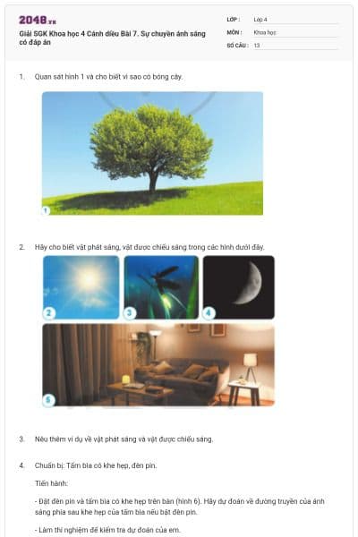 Giải SGK Khoa học 4 Cánh diều Bài 7. Sự chuyền ánh sáng có đáp án