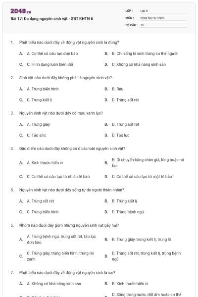 Bài 17: Đa dạng nguyên sinh vật - SBT KHTN 6