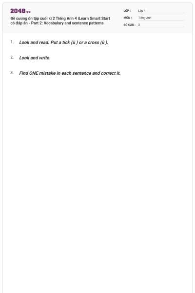 Đề cương ôn tập cuối kì 2 Tiếng Anh 4 iLearn Smart Start có đáp án - Part 2: Vocabulary and sentence patterns