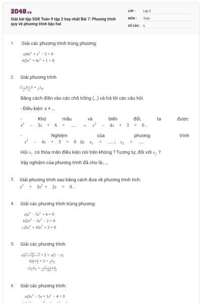 Giải bài tập SGK Toán 9 tập 2 hay nhất Bài 7: Phương trình quy về phương trình bậc hai