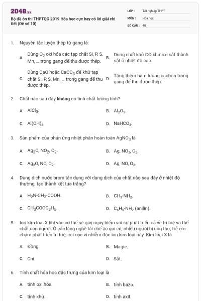 Bộ đề ôn thi THPTQG 2019 Hóa học cực hay có lời giải chi tiết (Đề số 10)