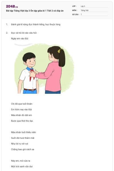 Bài tập Tiếng Việt lớp 3 Ôn tập giữa kì 1 Tiết 2 có đáp án