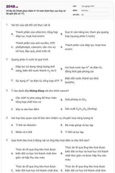 20 Bộ đề Chinh phục điểm 9-10 môn Sinh Học cực hay có lời giải (Đề số 17)
