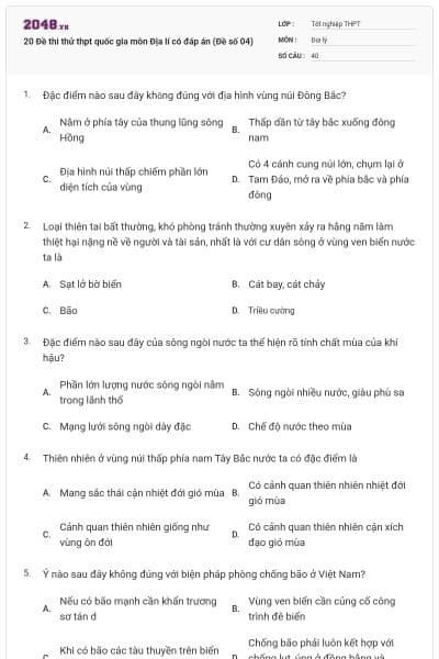 20 Đề thi thử thpt quốc gia môn Địa lí có đáp án (Đề số 04)