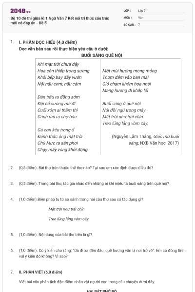 Bộ 10 đề thi giữa kì 1 Ngữ Văn 7 Kết nối tri thức cấu trúc mới có đáp án - Đề 5