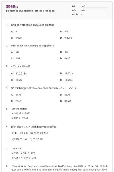 Bài kiểm tra giữa kì II môn Toán lớp 5 (Đề số 15)