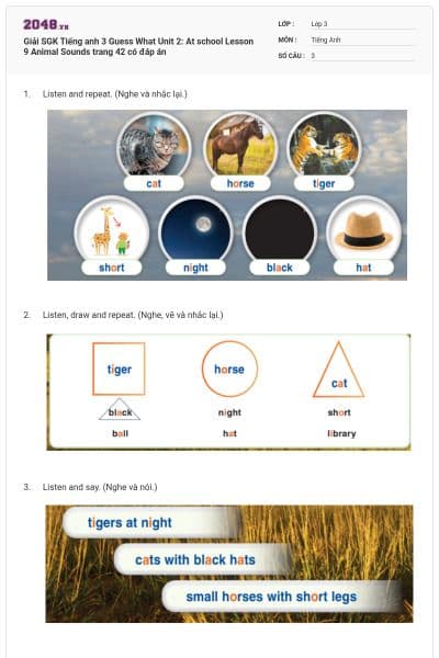 Giải SGK Tiếng anh 3 Guess What Unit 2: At school Lesson 9 Animal Sounds trang 42 có đáp án