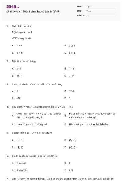 Đề thi Học kì 1 Toán 9 chọn lọc, có đáp án (Đề 5)