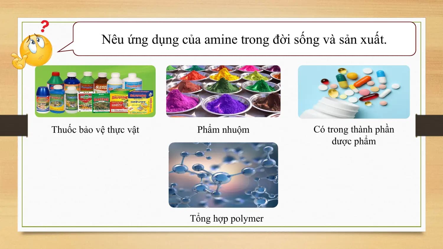 Nêu ứng dụng của amine trong đời sống và sản xuất.

Thuốc bảo vệ thực vật Phẩm nhuộm Có trong thành phần
 dược phẩm

 Tổng hợp polymer