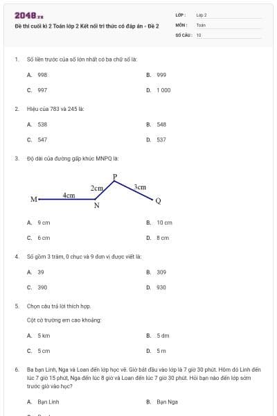 Đề thi cuối kì 2 Toán lớp 2 Kết nối tri thức có đáp án - Đề 2