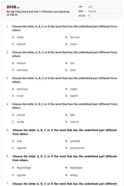 Bài tập Tiếng Anh 8 mới Unit 11 Phonetics and Speaking có đáp án