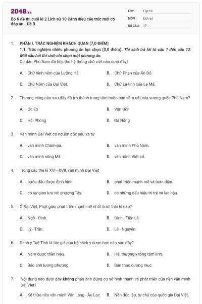 Bộ 6 đề thi cuối kì 2 Lịch sử 10 Cánh diều cấu trúc mới có đáp án - Đề 3