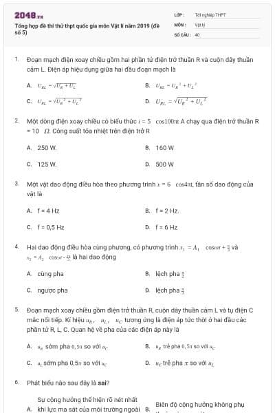 Tổng hợp đề thi thử thpt quốc gia môn Vật lí năm 2019 (đề số 5)