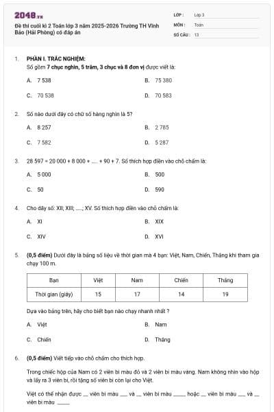Đề thi cuối kì 2 Toán lớp 3 năm 2025-2026 Trường TH Vĩnh Bảo (Hải Phòng) có đáp án