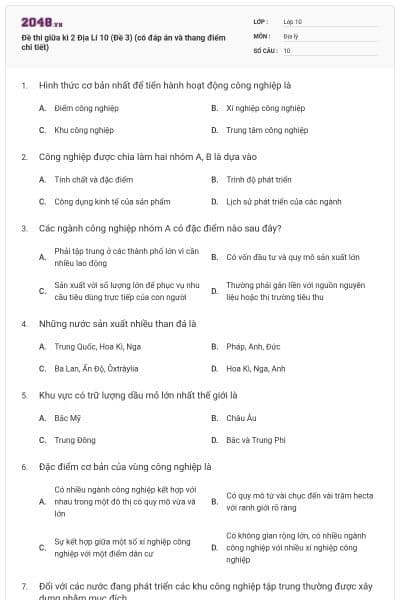 Đề thi giữa kì 2 Địa Lí 10 (Đề 3) (có đáp án và thang điểm chi tiết)