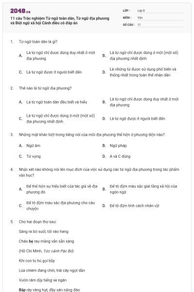 11 câu Trắc nghiệm Từ ngữ toàn dân, Từ ngữ địa phương và Biệt ngữ xã hội Cánh diều có đáp án