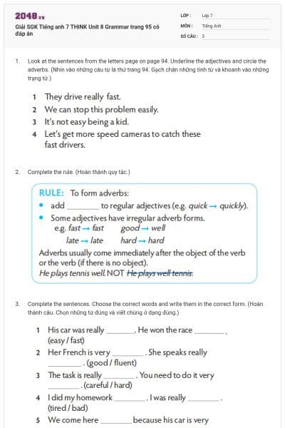 Giải SGK Tiếng anh 7 THiNK Unit 8 Grammar trang 95 có đáp án