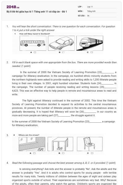 Bộ 8 Đề thi giữa học kì 1 Tiếng anh 11 có đáp án - Đề 1
