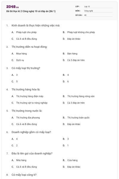 Đề thi Học kì 2 Công nghệ 10 có đáp án (Đề 1)