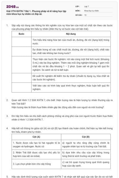 Giải VTH KHTN 7 Bài 1. Phương pháp và kĩ năng học tập môn khoa học tự nhiên có đáp án