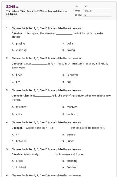 Trắc nghiệm Tiếng Anh 6 Unit 1 Vocabulary and Grammar có đáp án