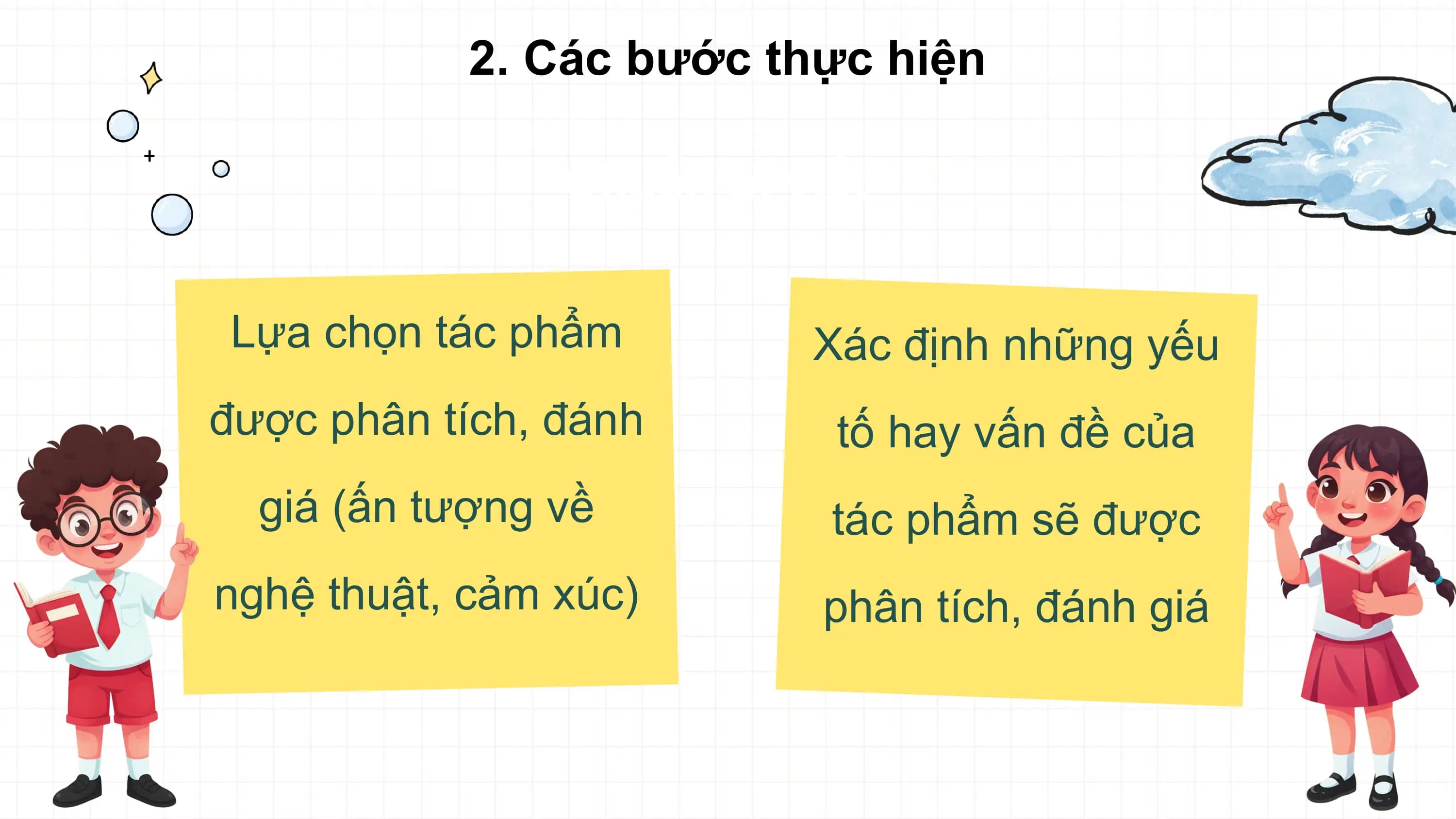 2. Các bước thực hiện

 Chuẩn bị viết

Lựa chọn tác phẩm Xác định những yếu
được phân tích, đánh tố hay vấn đề của
 giá (ấn tượng về tác phẩm sẽ được
nghệ thuật, cảm xúc) phân tích, đánh giá