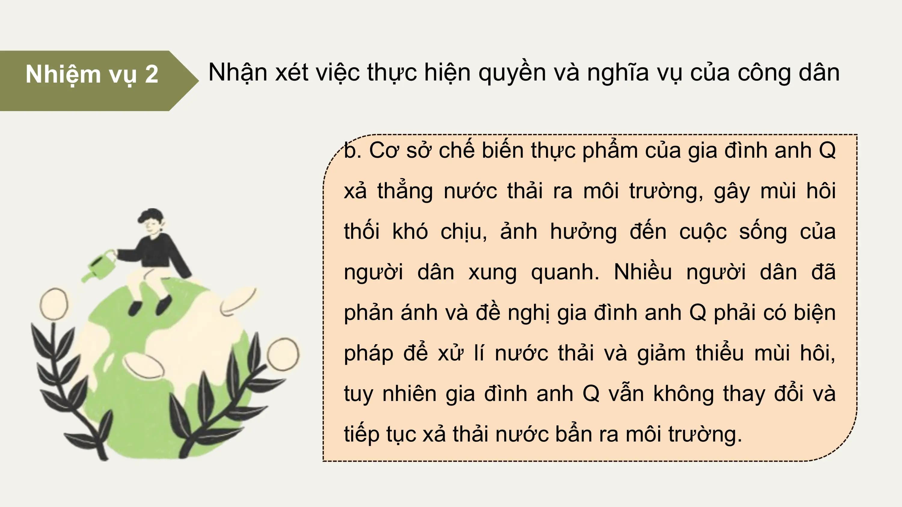 Nhiệm vụ 2 Nhận xét việc thực hiện quyền và nghĩa vụ của công dân

 b. Cơ sở chế biến thực phẩm của gia đình anh Q
 xả thẳng nước thải ra môi trường, gây mùi hôi
 thối khó chịu, ảnh hưởng đến cuộc sống của
 người dân xung quanh. Nhiều người dân đã
 phản ánh và đề nghị gia đình anh Q phải có biện
 pháp để xử lí nước thải và giảm thiểu mùi hôi,
 tuy nhiên gia đình anh Q vẫn không thay đổi và
 tiếp tục xả thải nước bẩn ra môi trường.